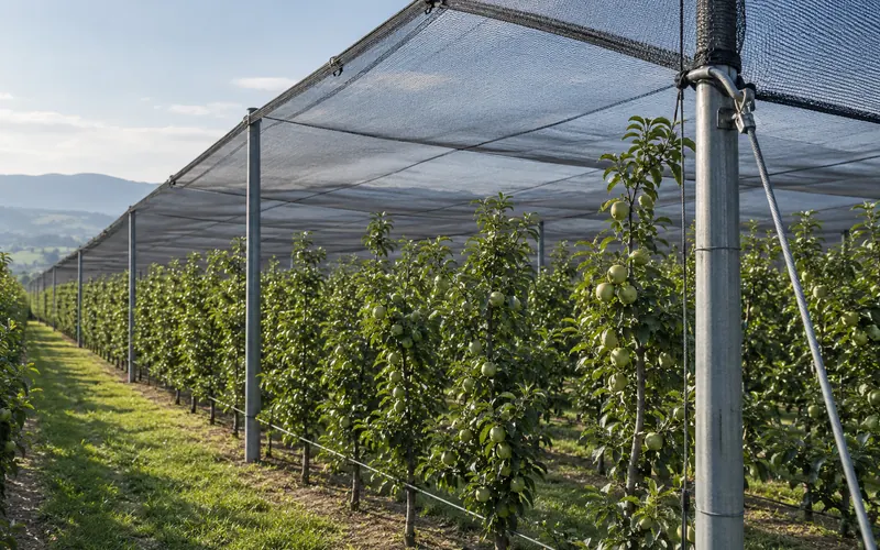 Protective net canopy over orchard rows