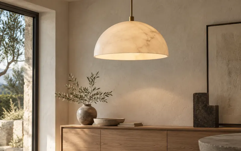 Warm pendant light in a calm interior