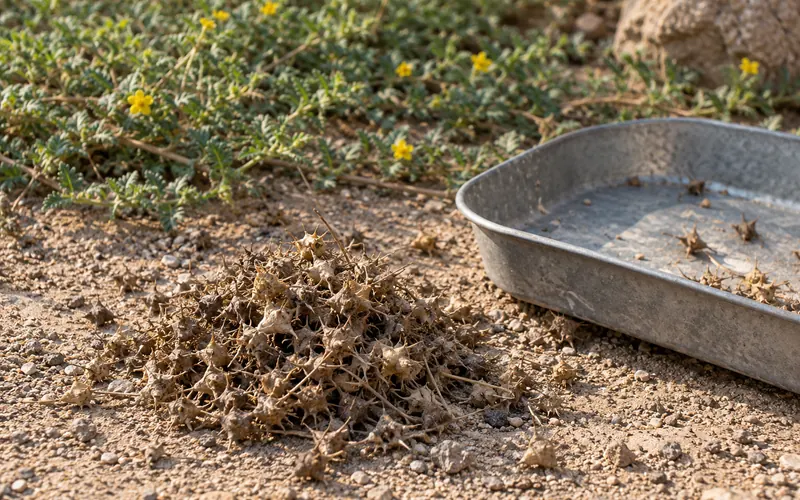 Spiked seed burs on dry garden ground