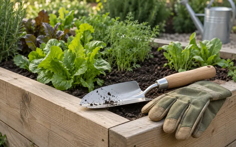 Hand tools beside a planted garden bed