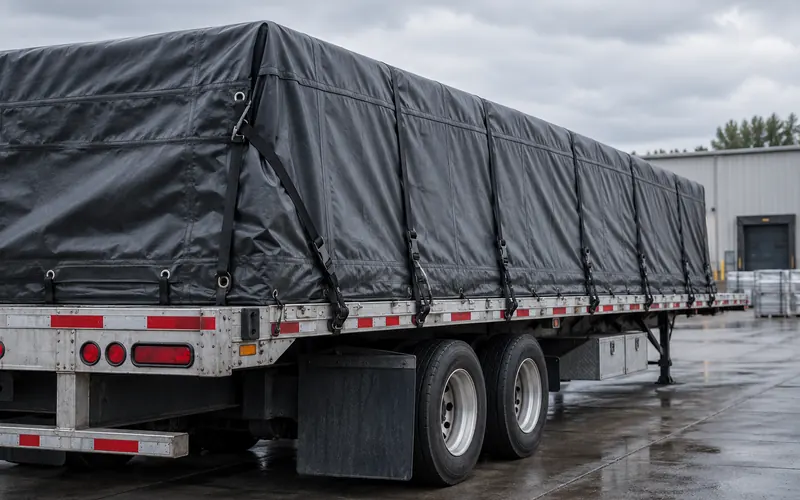 Heavy tarp secured over a flatbed trailer