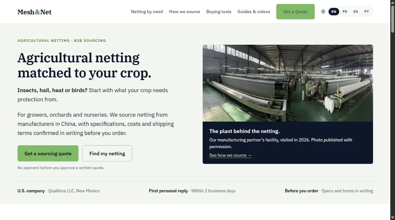 Mesh & Net website: crop needs and sourcing tools
