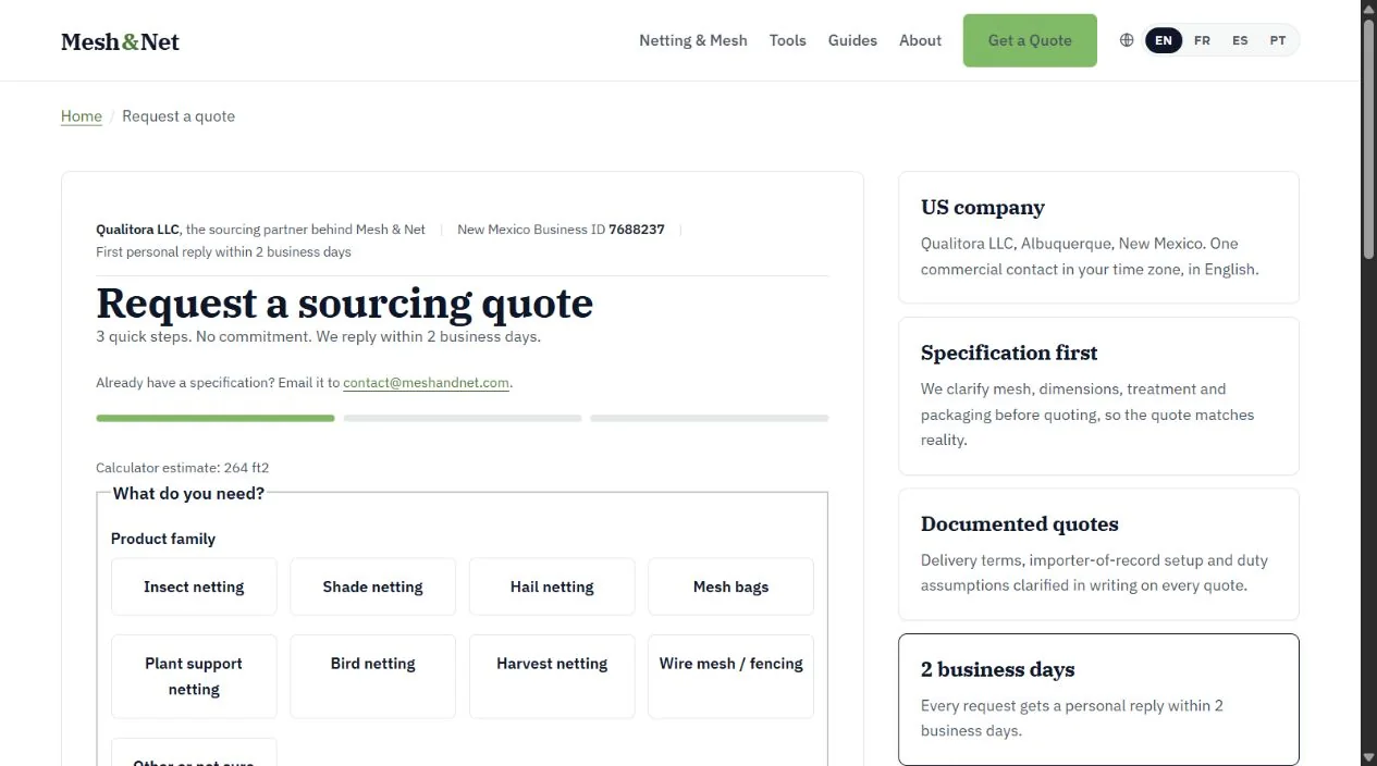 Agricultural quote form with a calculator estimate prefilled