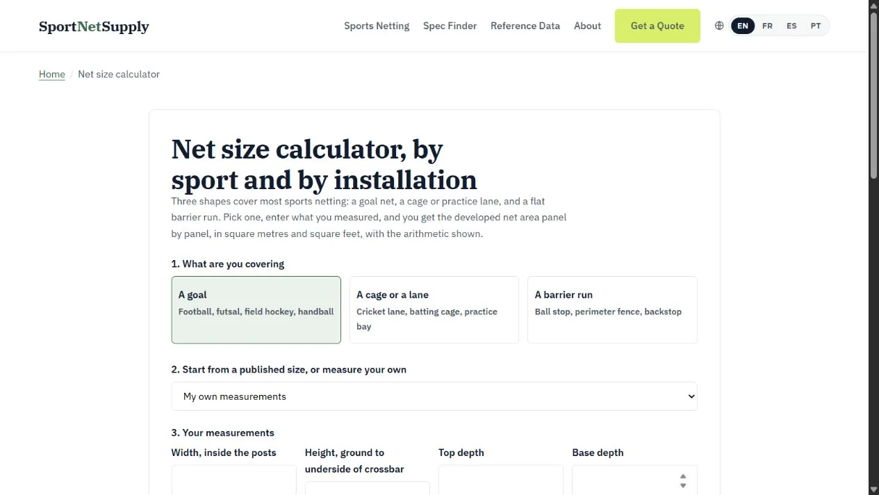Net-size calculator showing shape choices, dimensions and calculation details