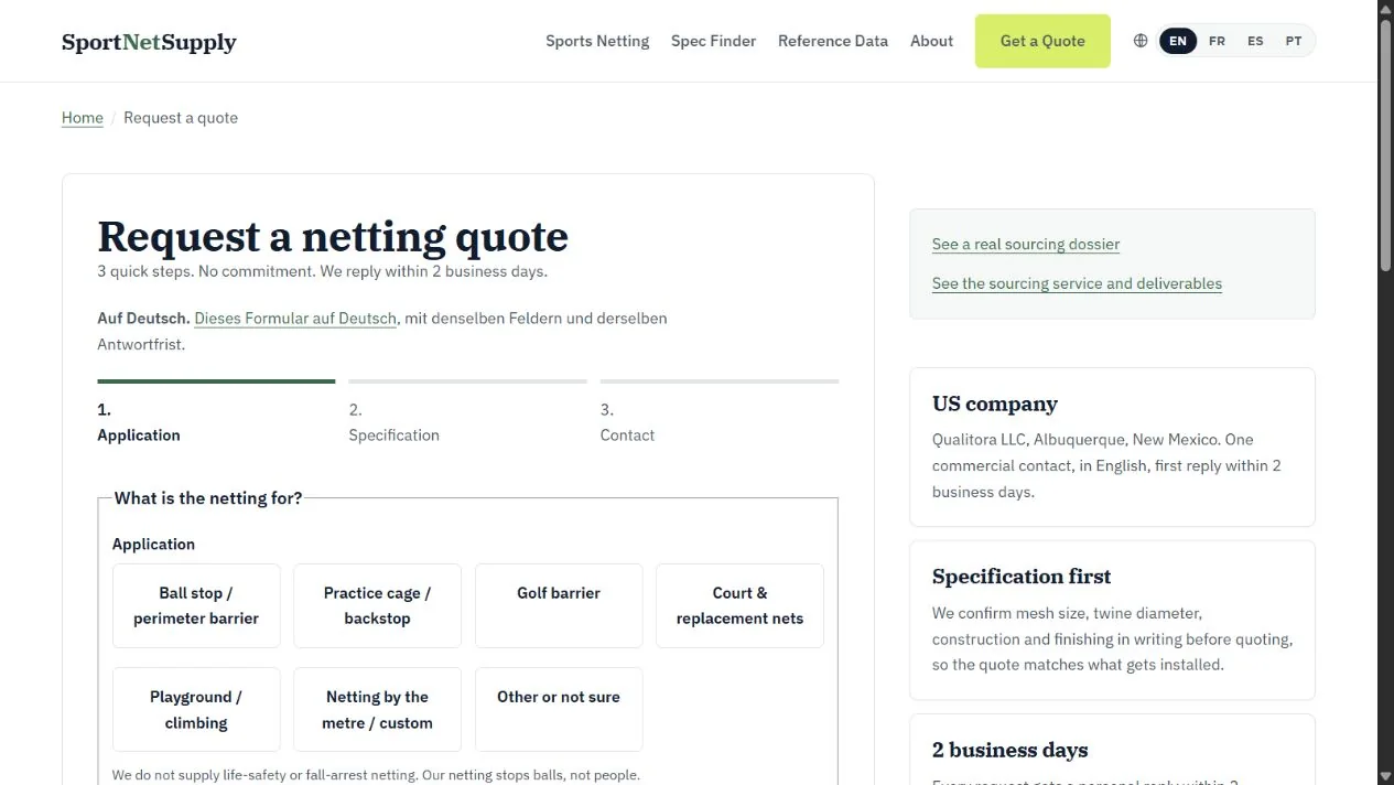 The sports netting quote form